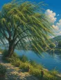 Painted anime scene: A big willow in a fresh wind, bending full and easy and holding, the river bright behind it, leaves streaming.