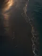 Dawn aerial photograph: tide-smoothed sand wiped clean of every mark, the sea's first gentle reach touching it.