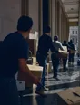Dark cinematic photograph: A line of people passing boxes hand to hand along a bright corridor.