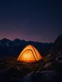 Film photograph: a small tent glowing warm from within on a dark mountainside under a sky full of stars.