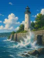 Painted anime scene: The sea wall taking bright spray in the sun, the lighthouse standing clean behind it, spray catching the light like glass, sky blue above.