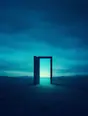 Grainy gradient illustration: A door standing open onto a silent aqua-blue evening field, the land beyond completely still.