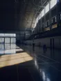 Dark cinematic photograph: An empty sports hall flooded with hard daylight from high windows, the floor gleaming, markings running away to the far end.
