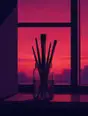 Grainy gradient illustration: Paintbrushes standing in a jar of water on a sill, the window behind going magenta with sunset, the room in flat dark planes.