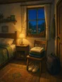 Painted anime scene: A bedroom at luminous night with tomorrow laid out on the chair: clothes folded, shoes squared, the bag zipped by the door, the lamp warm, the window full of stars.