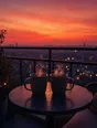 Film photograph: two steaming mugs side by side on a balcony table at dawn, the city soft and far below.
