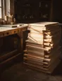 Struck-light photograph: a workshop mid-run late in the afternoon with finished pieces stacking up beside the bench