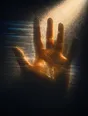 Prism-light photograph: A hand pressed flat on a fogged pane with the print clearing, hard sun driving through it.