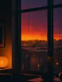 Film photograph: golden-hour rain past a tall window, raindrops lit like sparks against a plum sky, one warm lamp inside.