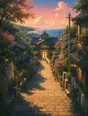 Painted anime scene: The long morning street toward the hall, early sun down its length, one small figure far ahead walking in, back turned, long shadow.