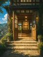 Painted anime scene: The hall's double doors propped open at morning, warm light inside meeting the sun outside on worn stone steps.