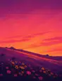 Grainy gradient illustration: A whole hillside of wildflowers lit by low magenta-gold light, dense saturated color.