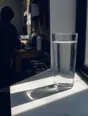Dark cinematic photograph: A full glass of water standing on a windowsill in hard sun.