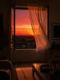 Film photograph: an open window at dusk, a sheer curtain lifted by warm wind against an amber and rose sky.