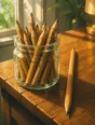 Painted anime scene: A jar crowded with pencils worn short beside one new one, on the corner of a desk in plain morning light.