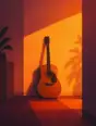 Grainy gradient illustration: A guitar leaning easy against a wall washed in warm sunset light, the room in simple flat planes.