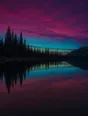 Film photograph: a perfectly still mountain lake mirroring a plum and teal sky between dark shoreline pines.