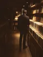 Struck-light photograph: a record shop at night with one aisle lit and one person working through a rack, seen from behind