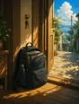 Painted anime scene: A packed satchel standing by the front door at morning, the door open to the bright street, sun lying across it, keys on the hook above.