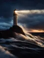 Motion photograph: a lighthouse standing hard-lit in a running storm sea at dusk, the water tearing past the rock