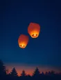 Film photograph: two glowing paper lanterns rising together into a deep indigo night over dark treetops.