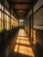 Painted anime scene: A long wooden corridor toward the hall doors, morning sun in even bars across the floor, coat hooks and a clock-less noticeboard as soft texture along the wall.