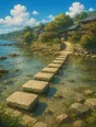 Painted anime scene: Stepping stones crossing bright shallow water at low tide, each stone dry and sure, the far bank sunlit.