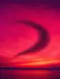 Grainy gradient illustration: A starling murmuration sweeping one great curved shape across a magenta sky.