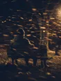Motion photograph: a man sitting completely still on a bench at dusk while hard wind tears leaves and grit across the whole frame