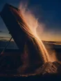 Motion photograph: a tipper truck dropping its whole load at dusk, the sand pouring out in one movement and dust blowing off the top