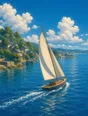 Painted anime scene: A small sailboat trimmed tight and making good way in light wind, heeled a little, wake clean, the bay bright.