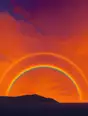 Grainy gradient illustration: A double rainbow standing full and vivid over a dark headland just after rain.
