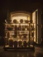 Struck-light photograph: a kiln room at night with the door open and the finished pots rimmed by what comes out of it
