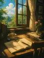 Painted anime scene: A pen resting on a half-filled page, tea steaming beside it, the window open to birdsong light, the chair still warm-looking, nothing packed away.