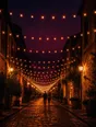 Film photograph: an avenue of warm string lights over a night street, a distant couple in silhouette walking beneath them.
