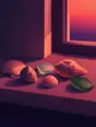 Grainy gradient illustration: A windowsill lined with found shells and sea glass, low magenta light raking across them.