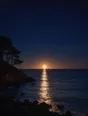 Film photograph: a full moon rising where the sea meets the sky, a silver moon path leading across dark water to shore.
