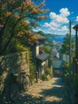 Painted anime scene: Cloud shadow sliding off the street as the sun comes back full, the boundary of light moving along the stone, windows brightening in a row.