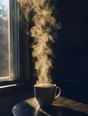 Motion photograph: a cup of coffee set down by a window, steam climbing hard in low morning sun and the room behind it dark