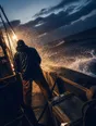 Motion photograph: a man braced and still on the deck of a working boat in a heavy swell at dusk, the horizon tilted