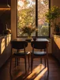 Film photograph: a sunlit kitchen in the morning, two chairs pulled close at the table in rose and gold light.