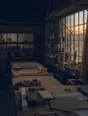 Dark cinematic photograph: A workshop with the last light in the window and the work lamps just switched off.