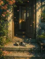 Painted anime scene: Shoes kicked off at the doorstep in the afternoon, the door open into a warm room, blossom petals drifting across the step, the kettle light on inside.