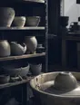 Dark cinematic photograph: A shelf of misfired pots standing beside a wheel that has fresh clay on it.