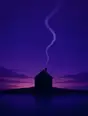 Grainy gradient illustration: Smoke rising in one soft unbroken line from the chimney of a completely dark house silhouette, deep violet evening sky behind, no lights anywhere.