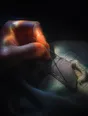 Prism-light photograph: A hand drawing a needle and thread through a patch on a torn sleeve, hard sun through the weave.
