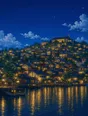 Painted anime scene: The whole town at luminous night seen from the water, every single window lit warm up the hillside, the harbor glassy with their reflections, sky vivid cobalt with stars.