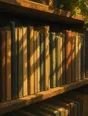 Painted anime scene: A long shelf holding years of notebooks, dozens of worn spines, one thin one among them no different from the rest, golden light along the row.