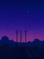 Grainy gradient illustration: Garden tools left standing mid-row in a vegetable bed as the first evening star comes out above.