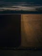 Dawn aerial photograph: a half-plowed field at dawn, fresh dark furrows against pale stubble.